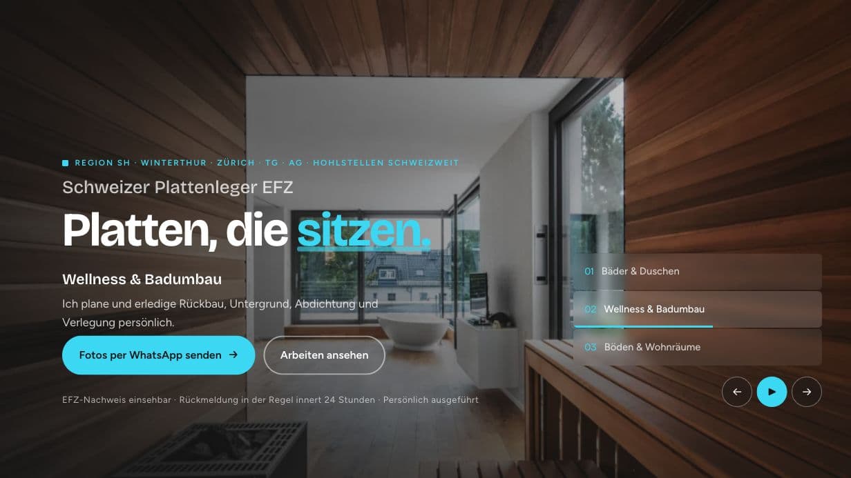 Startseite von schweizerfund.ch mit Arbeitsbeispiel und direktem Kontakt