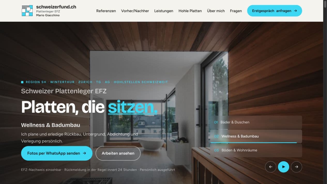 Website von schweizerfund.ch mit Arbeitsbeispielen und Kontaktwegen