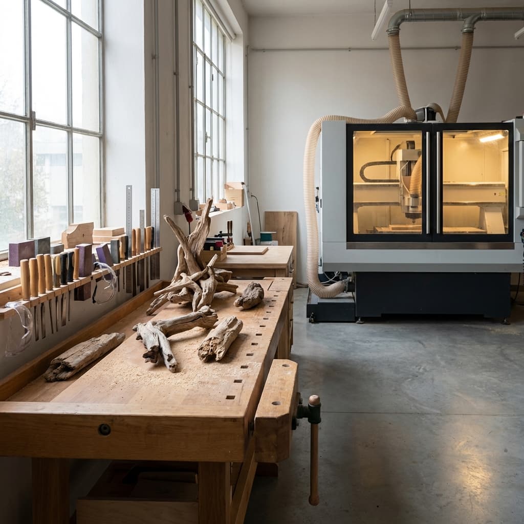 Rheinwood Werkbank mit Schwemmholz und CNC-Maschine