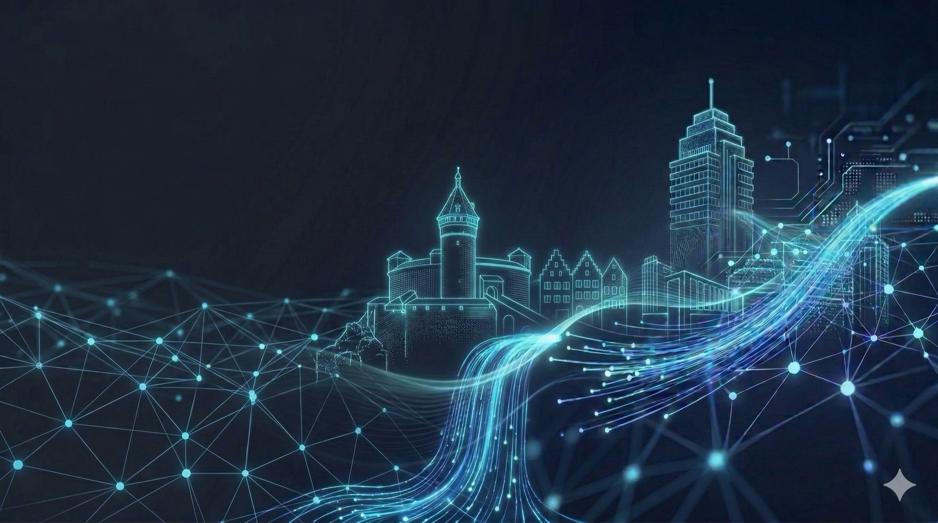 Castle and skyscraper connected by digital networks