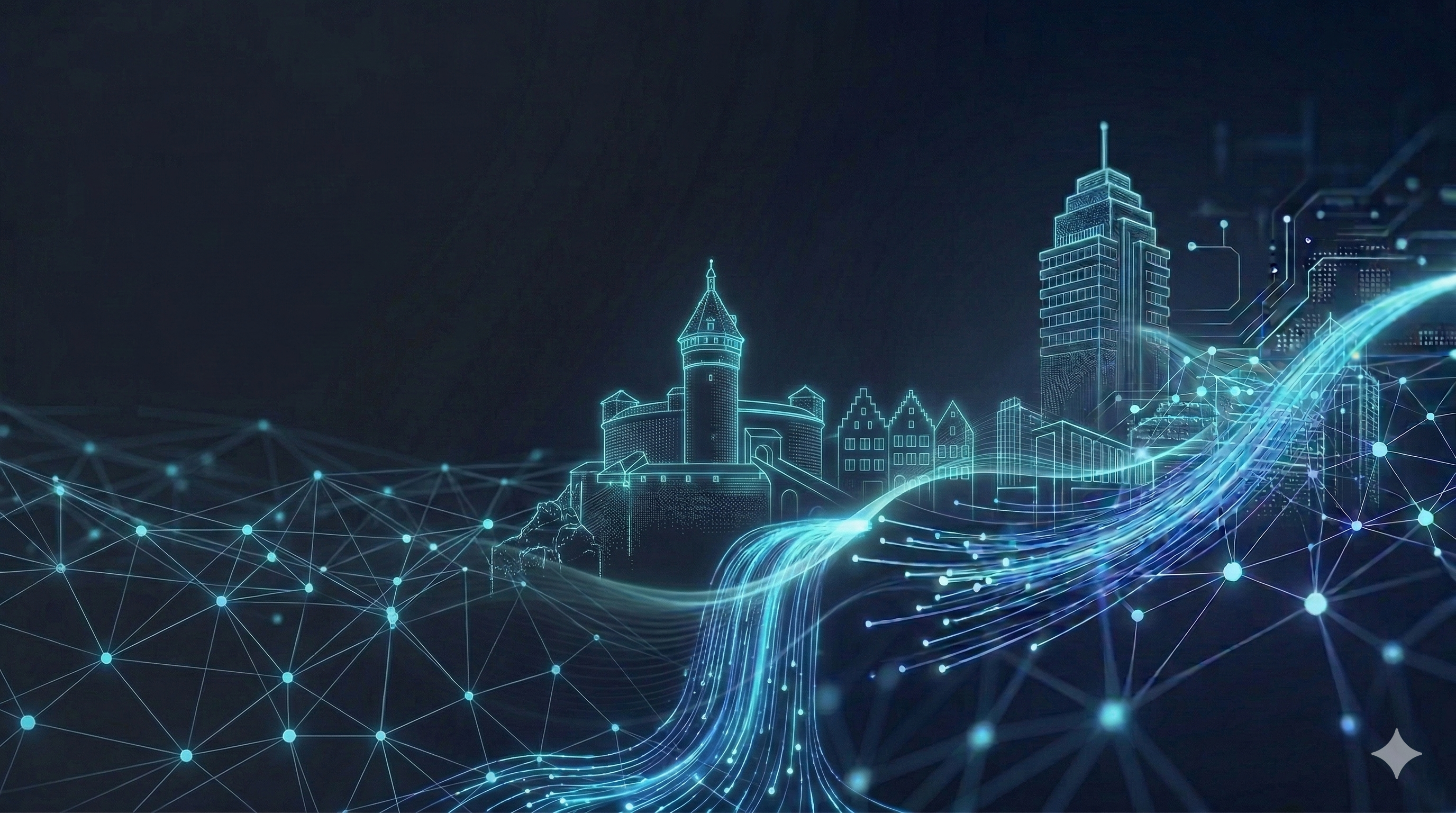 Castle and skyscraper connected by digital networks